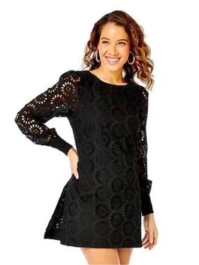 Lilly Pulitzer Black Floral Cutout Long-Sleeve Shift Dress